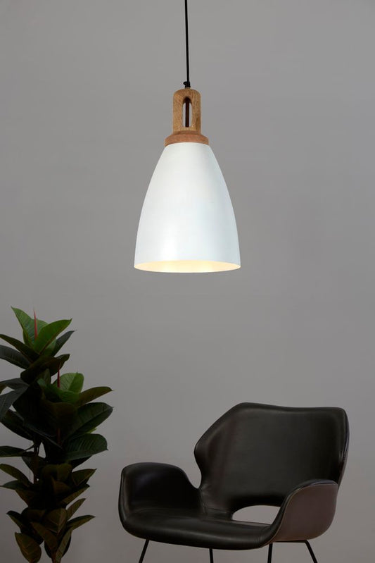Lewis - Matt White - Tall Dome Pendant Light With Wooden TopZafferoZAF11233- Grand Chandeliers